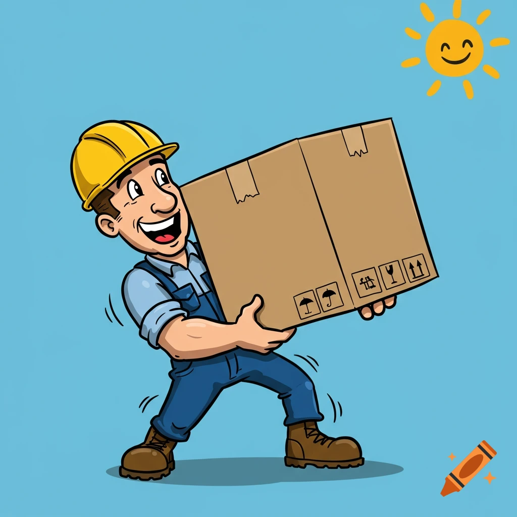 Cartoon worker lifting a large box.