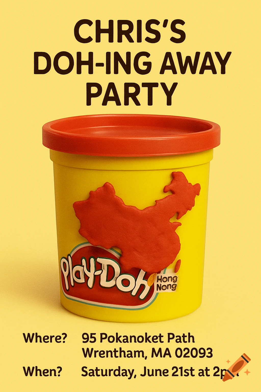 An invitation with a Play-Doh container on a yellow background. The container has a red map of China made of clay. Text for a going away party.
