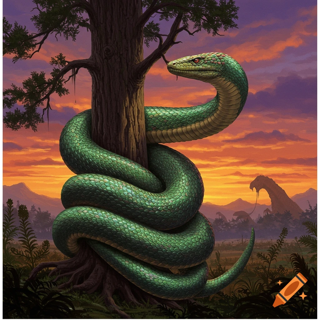 A large green snake coils around a tree in a prehistoric landscape with mountains and dinosaurs at sunset. Realistic painting style.