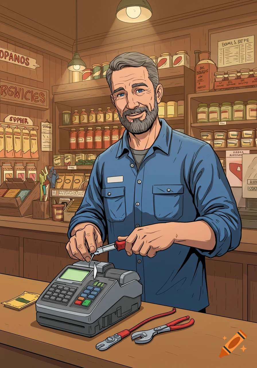 Illustration of a man working on a cash register in a shop.
