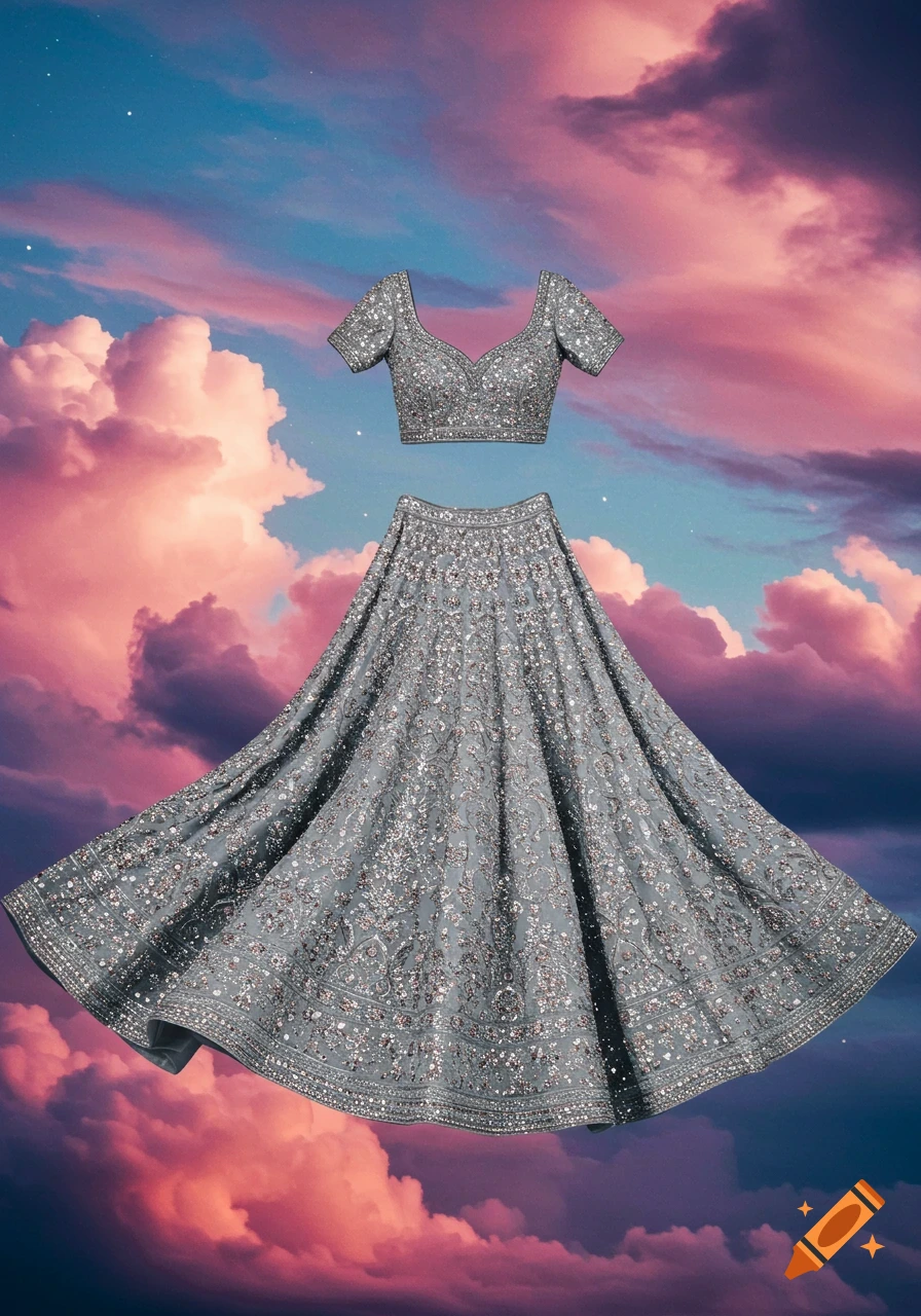 A silver lehenga set against a vibrant sky with clouds.