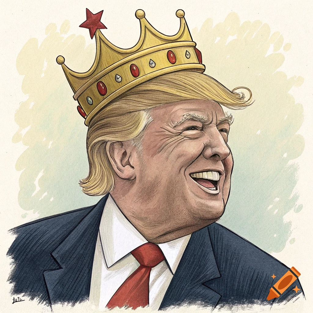 Caricature illustration of Donald Trump wearing a crown and smiling on ...