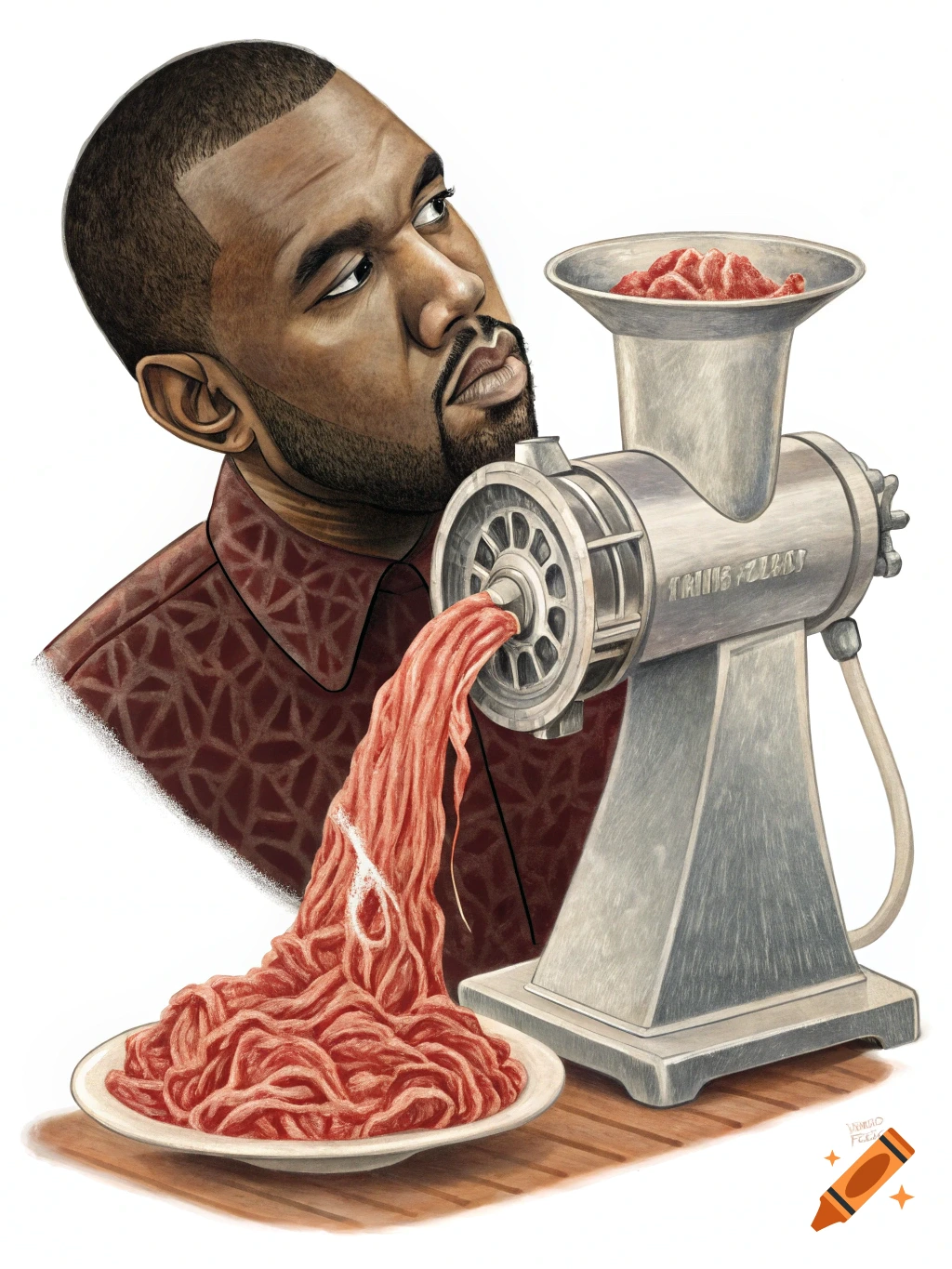 Caricature of Kanye West looking at a meat grinder producing ground meat onto a plate.