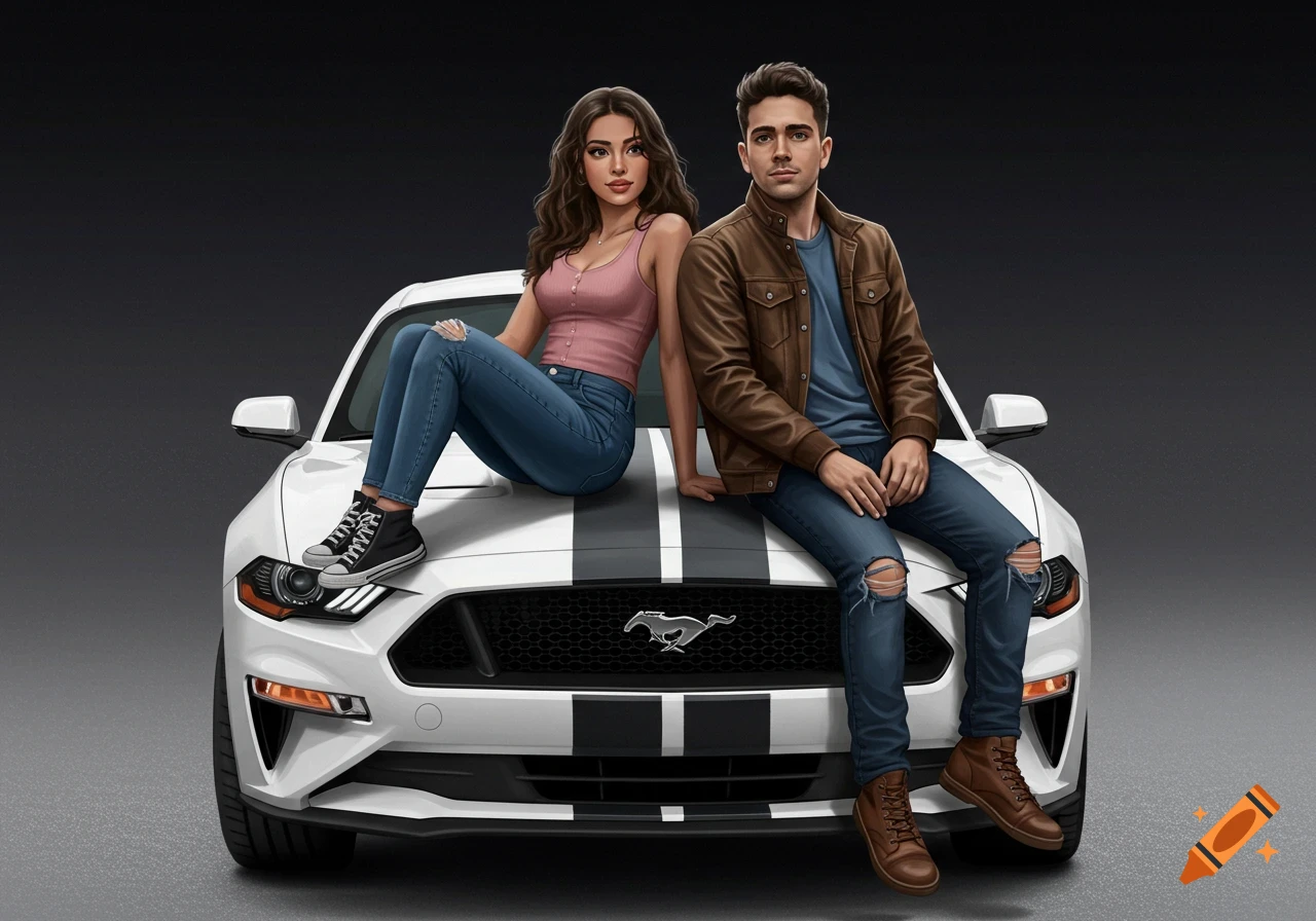 An illustration of a man and a woman sitting on the hood of a white Ford Mustang with black stripes.