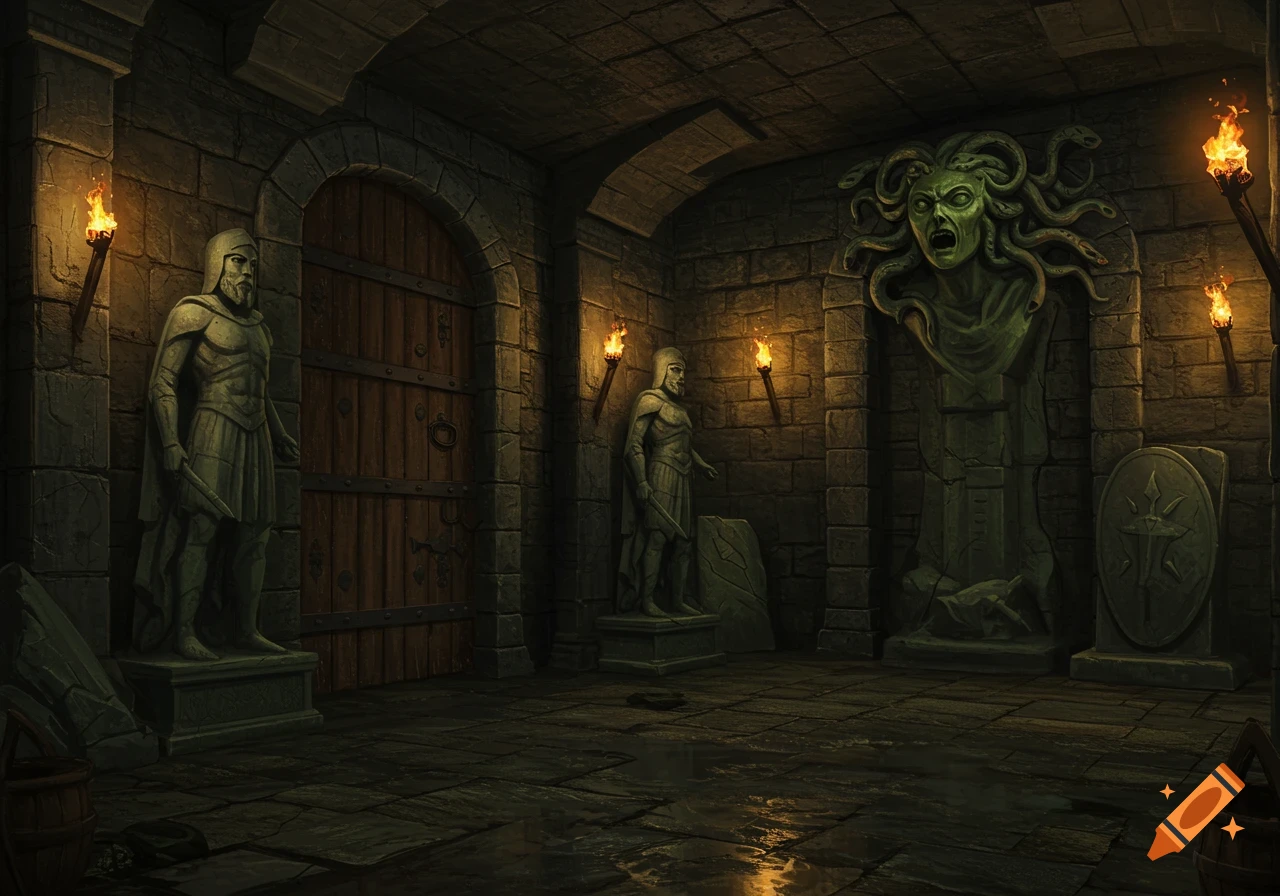 An underground dungeon room with a large door, warrior and gorgon statues, and torches. The floor is wet and reflective.