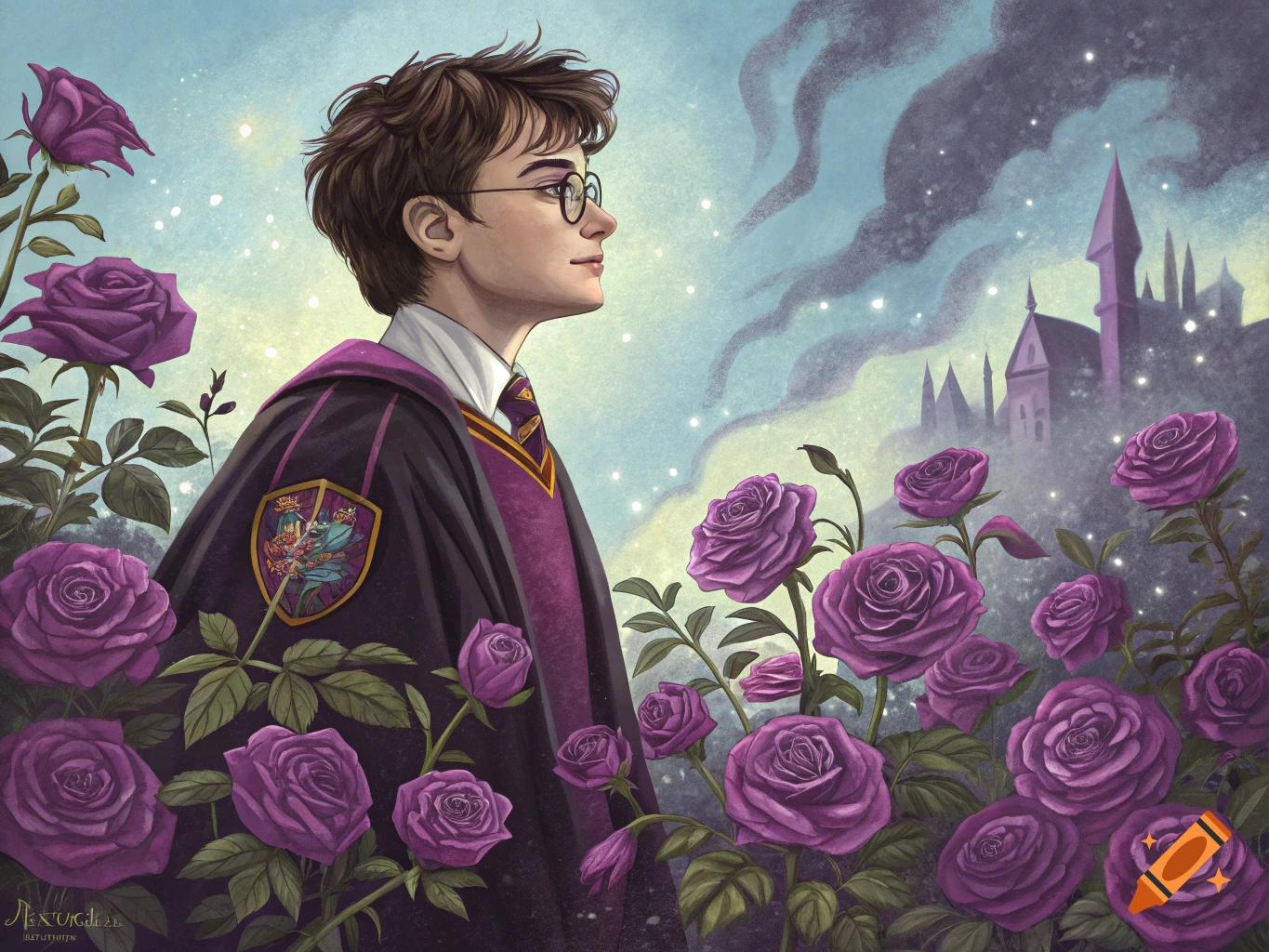 A young man in wizard robes with glasses stands among large purple roses, looking towards a distant castle under a mystical sky.