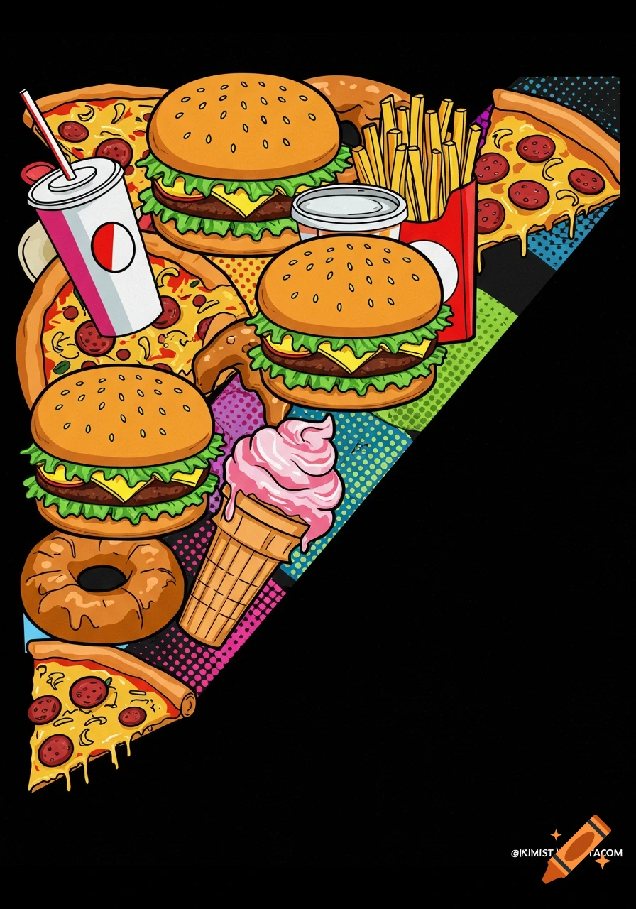 Pop art illustration of a collage of fast food items like hamburgers, pizza, fries, soda, ice cream, and a donut.