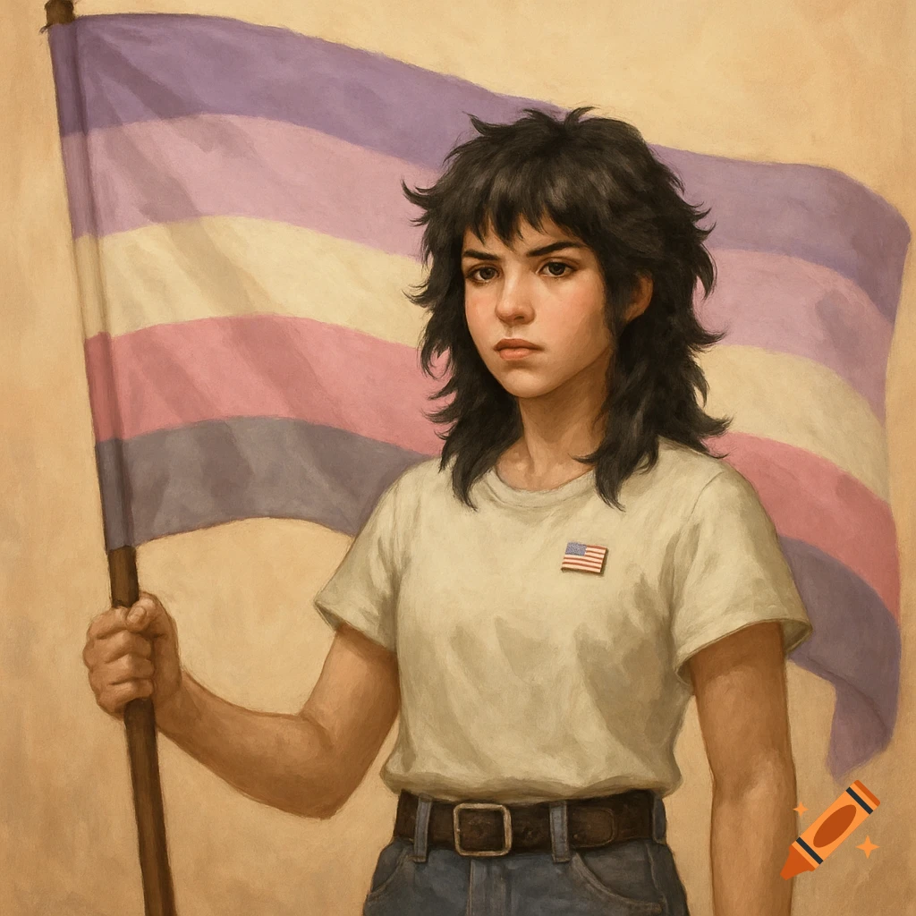 Painted portrait of a person with a wolf cut holding a large demigirl pride flag.