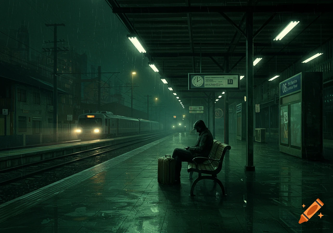 Person sits on a bench at a train station platform in the rain at night.