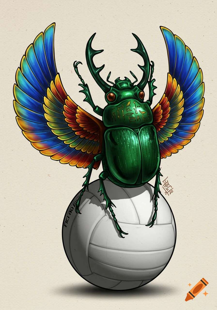 Egyptian scarab with colorful wings stands on a volleyball.