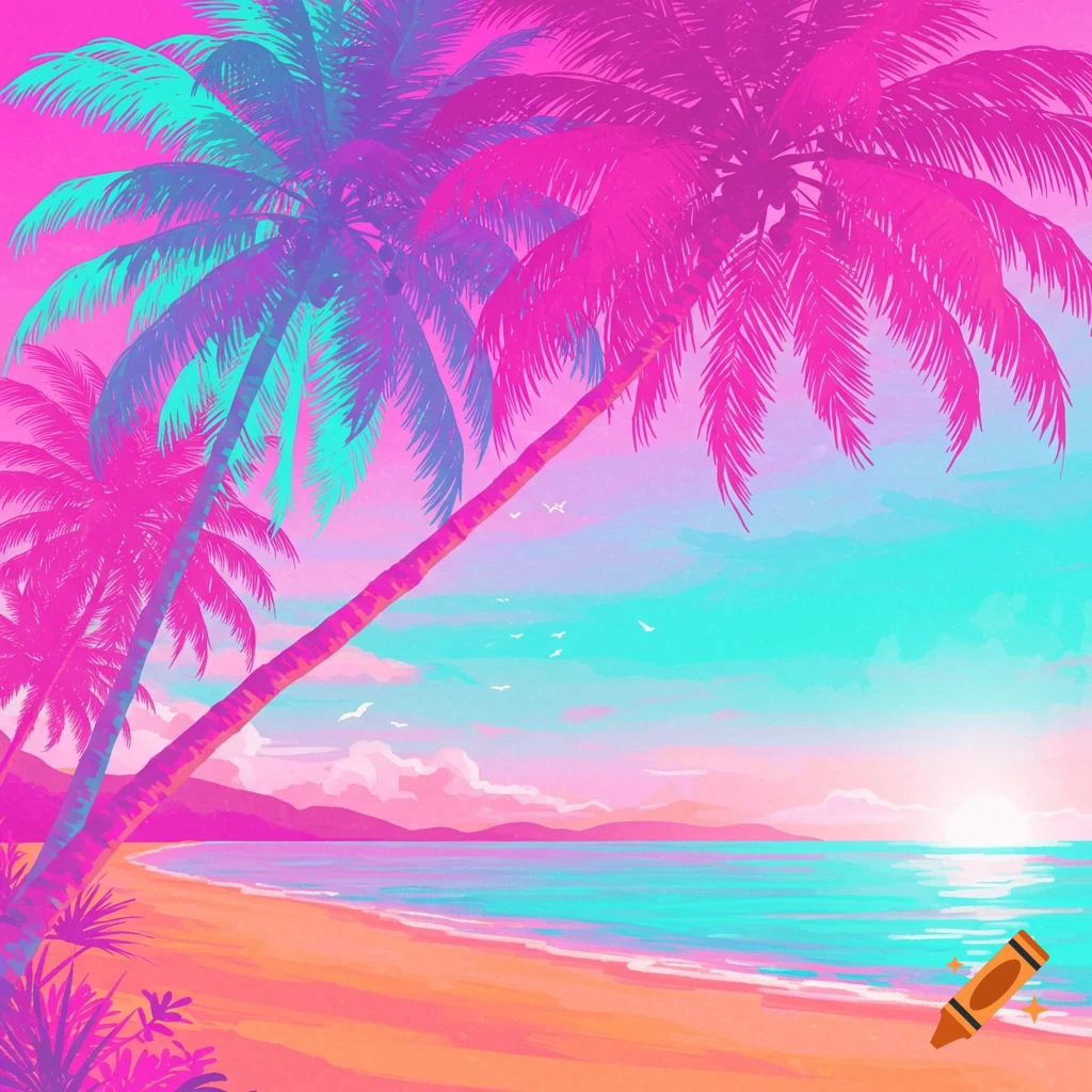 Stylized tropical beach with pink palm trees and vibrant blue water in Y2K vaporwave style.