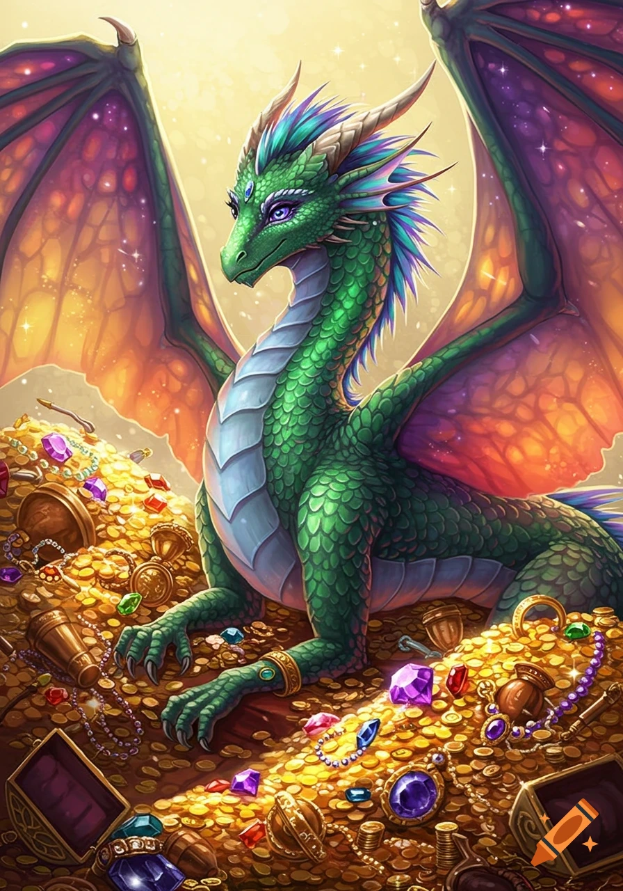 A green fantasy dragon sits on a large hoard of gold coins and glittering jewels.