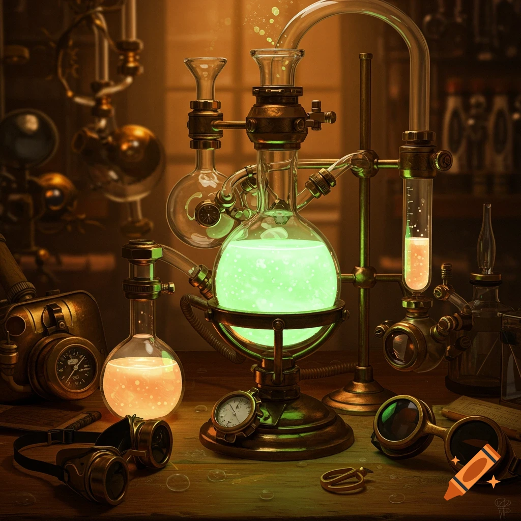 Steampunk chemistry lab setup with glowing green liquid in glassware.