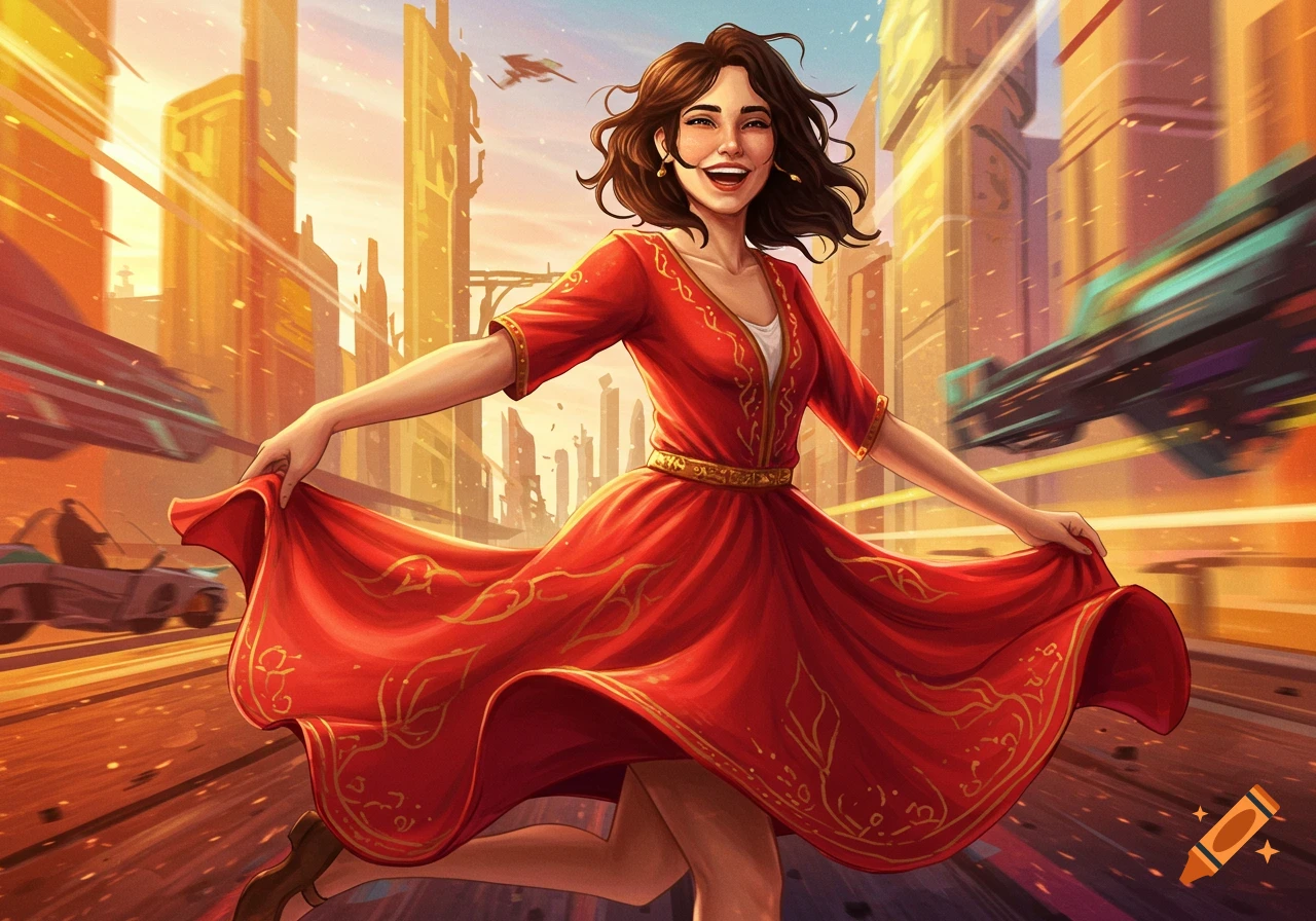 A woman in a red dress dances joyfully in a futuristic city street.