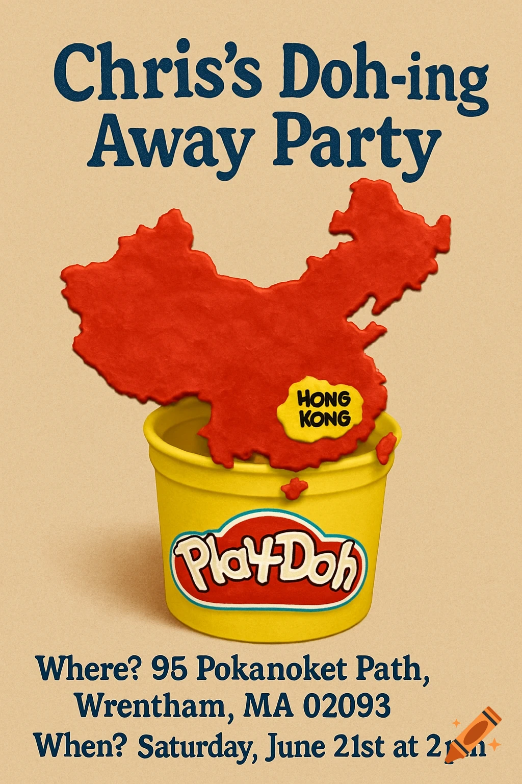 Party invitation featuring a Play-Doh map of China on a Play-Doh container