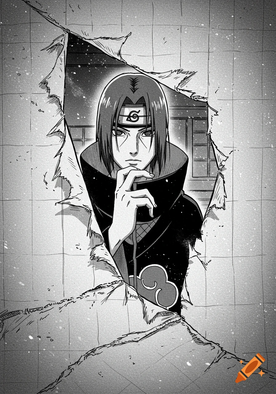 Black and white drawing of anime character Itachi Uchiha looking through a ripped paper wall