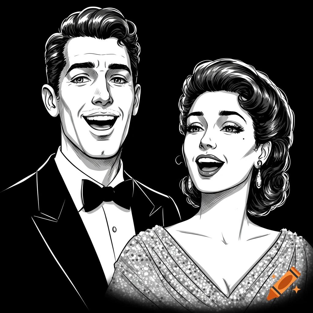 Black and white retro illustration of a singing duo.