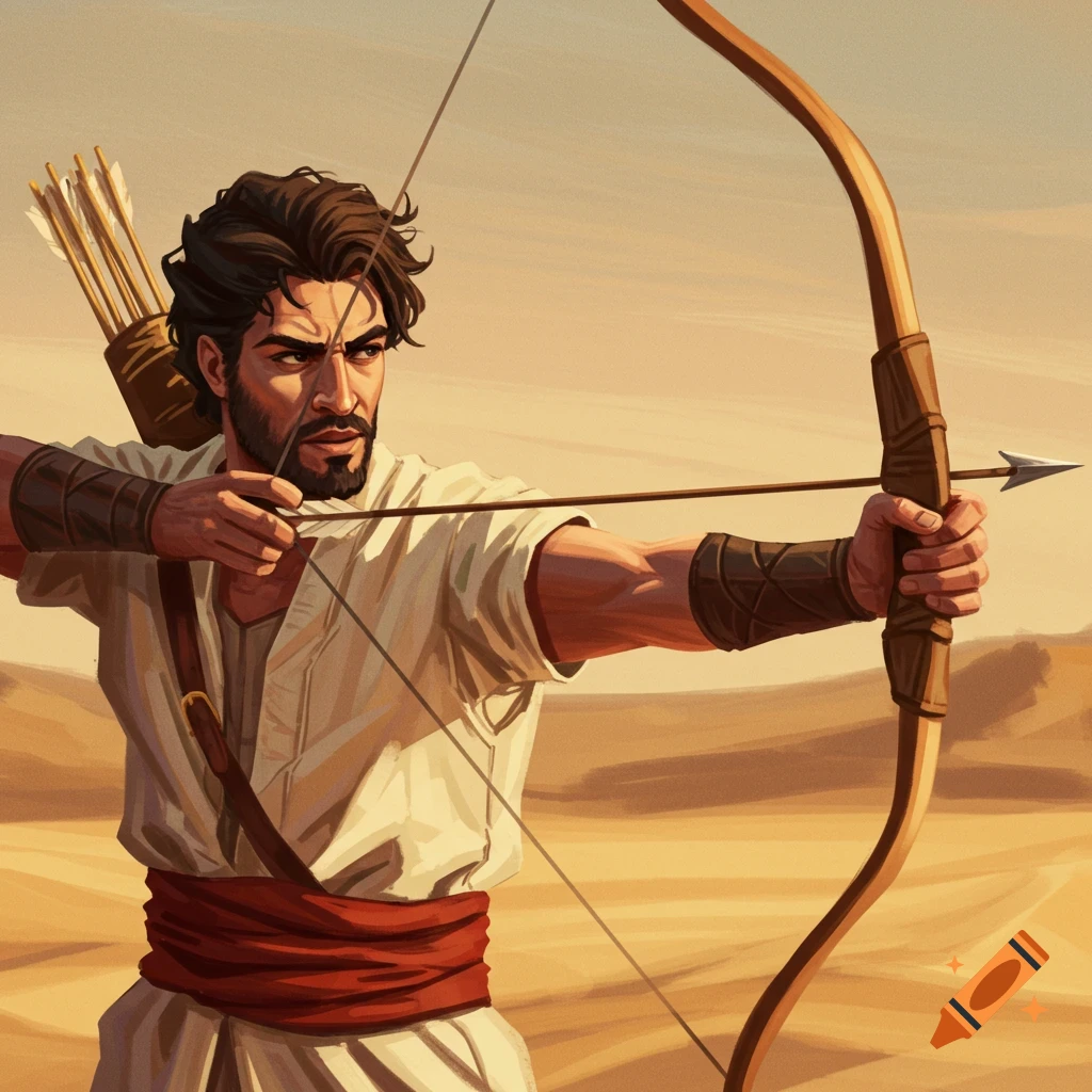 A man in traditional clothing aims a bow and arrow in a desert landscape.