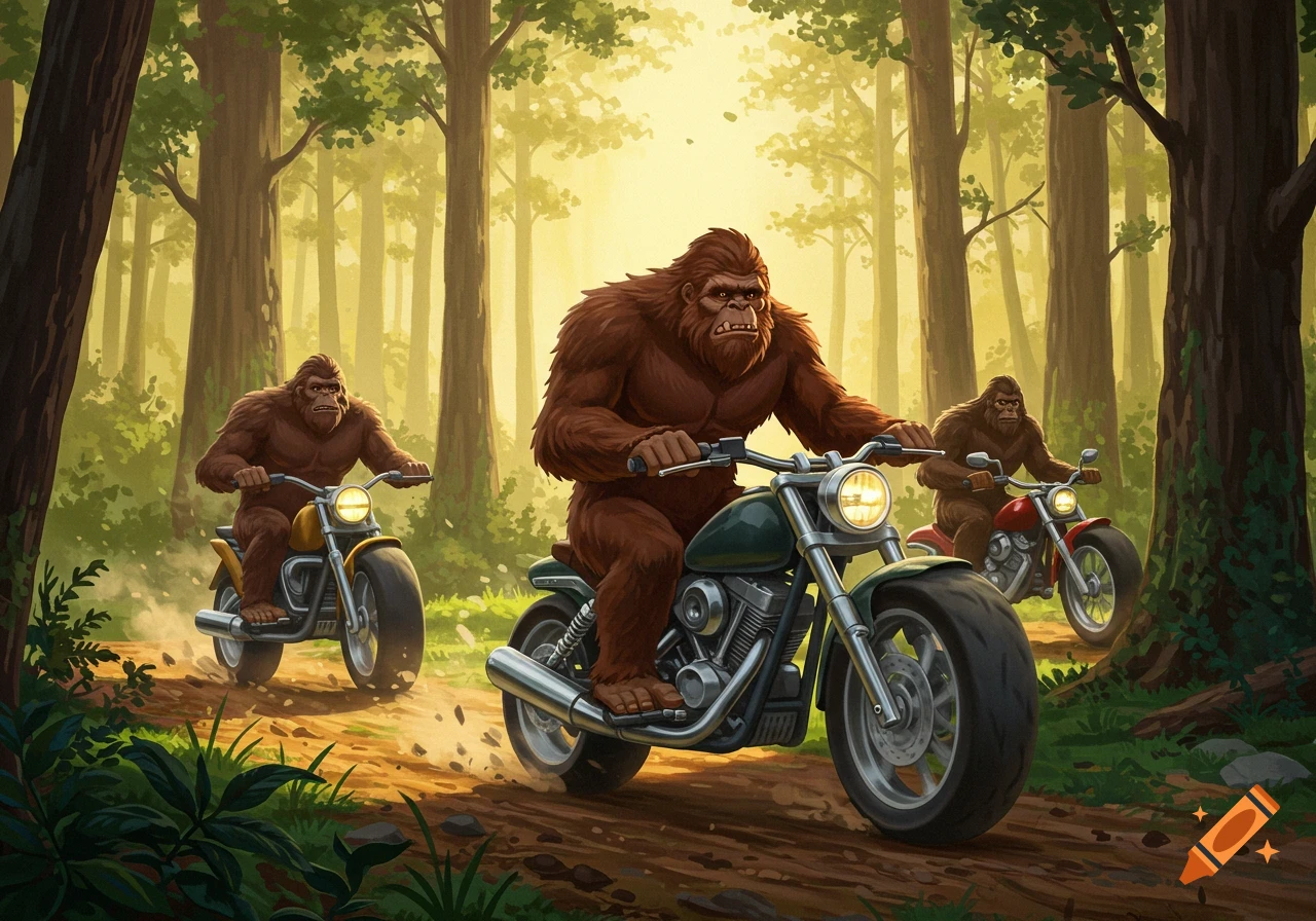 Three bigfoots ride motorcycles on a forest path.