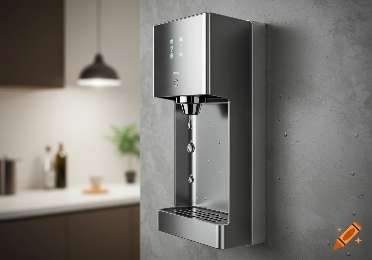 A modern stainless steel water dispenser mounted on a grey wall in a kitchen.