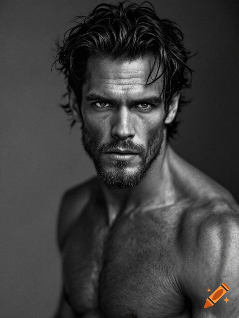 Black and white close-up portrait of a muscular man with messy hair and beard.