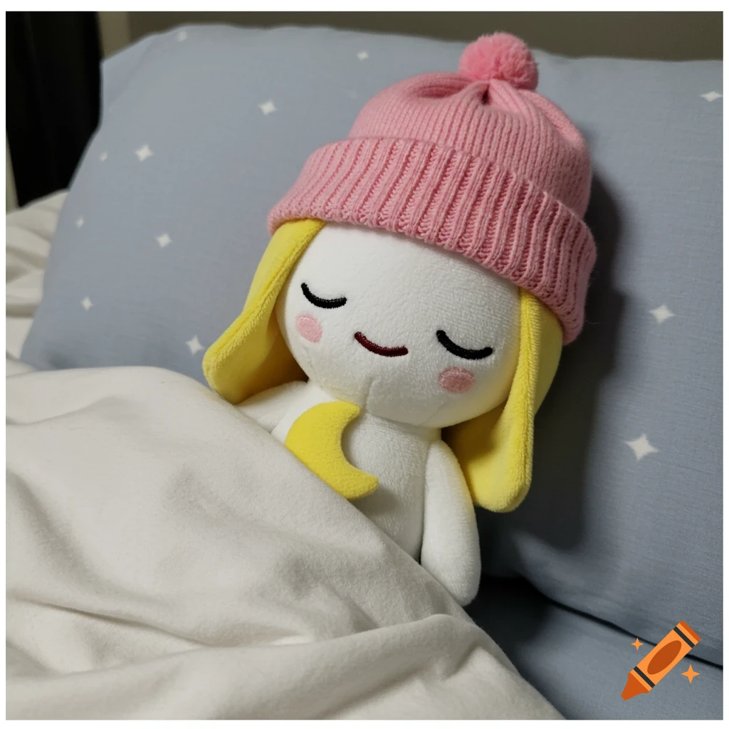 A white plush toy with a pink beanie sleeps in a bed with a starry pillow.