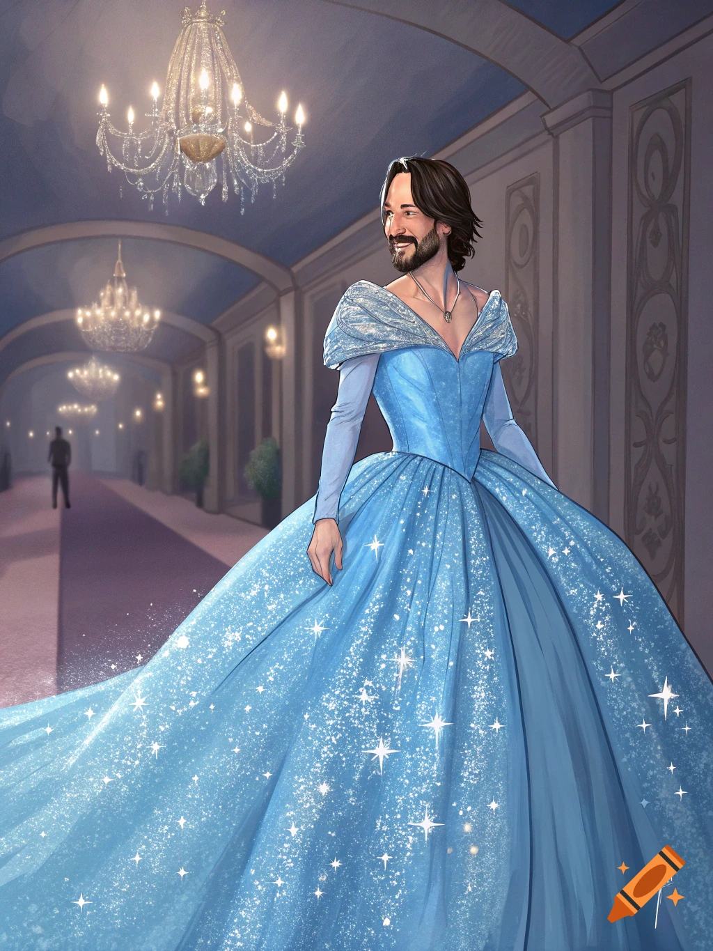Keanu Reeves wearing a sparkling blue ball gown in a grand hall with chandeliers, digital art.