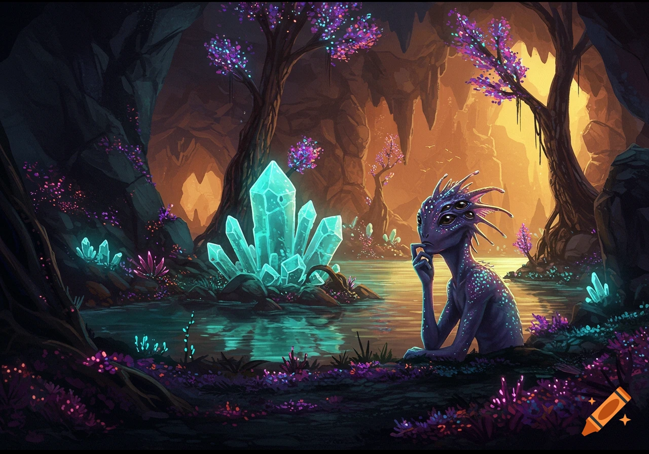 A purple alien creature sits by a crystal-filled pool in a fantasy cave.