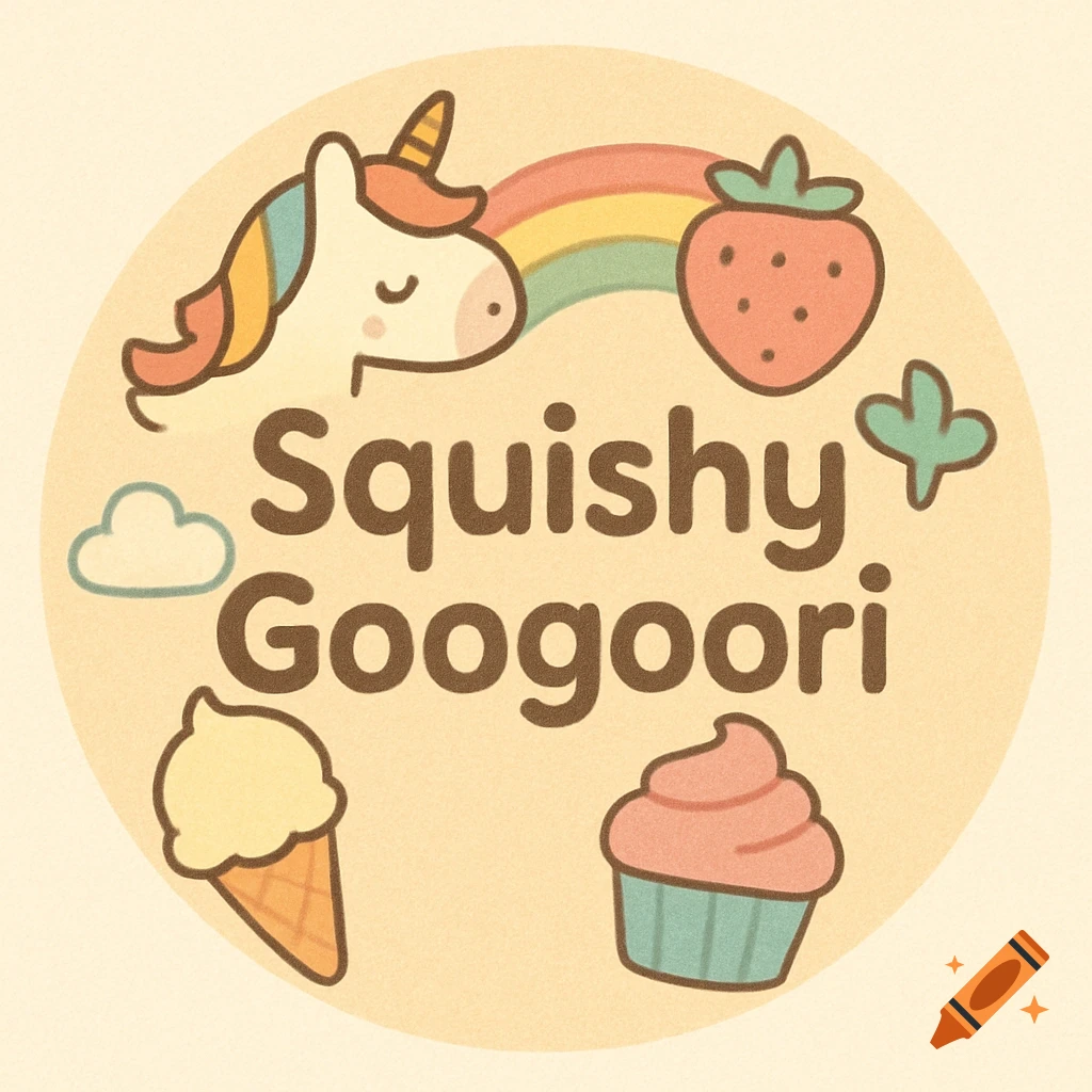 Pastel drawing of a unicorn, rainbow, strawberry, ice cream, and cupcake around the text 'Squishy Googoori'.
