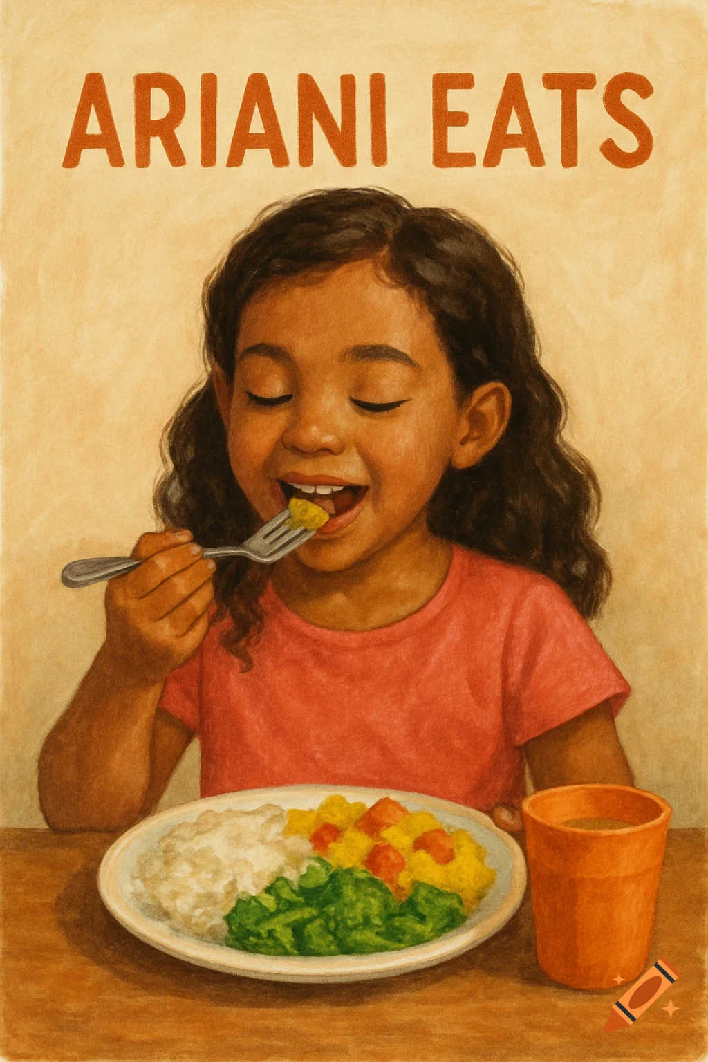 Illustration of a young girl eating a meal with the text 'ARIANI EATS' above.