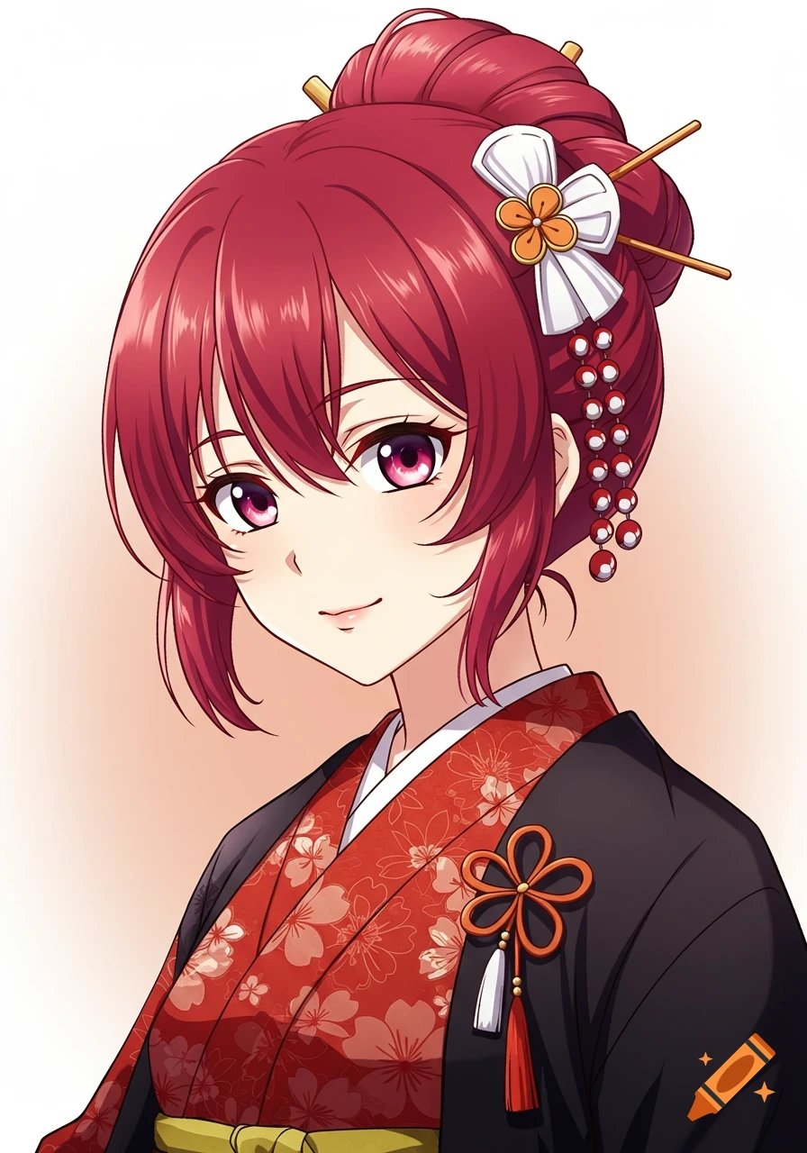 Anime portrait of a girl in a red kimono.