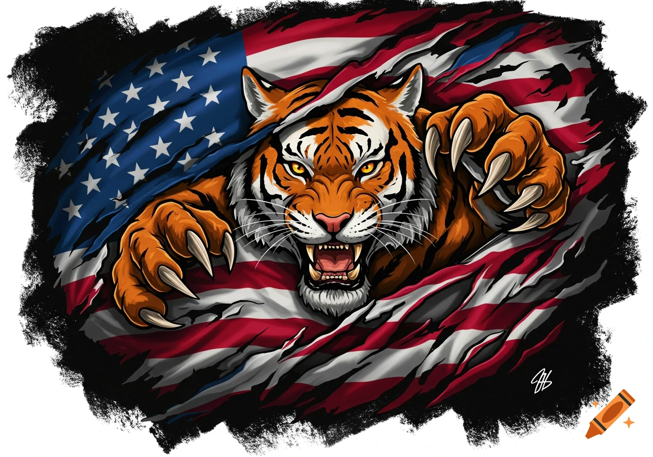 Stylized tiger ripping through a US flag