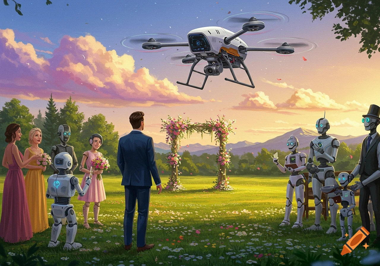 Wedding ceremony with a groom, bridesmaids, robot guests, and a drone flying overhead.