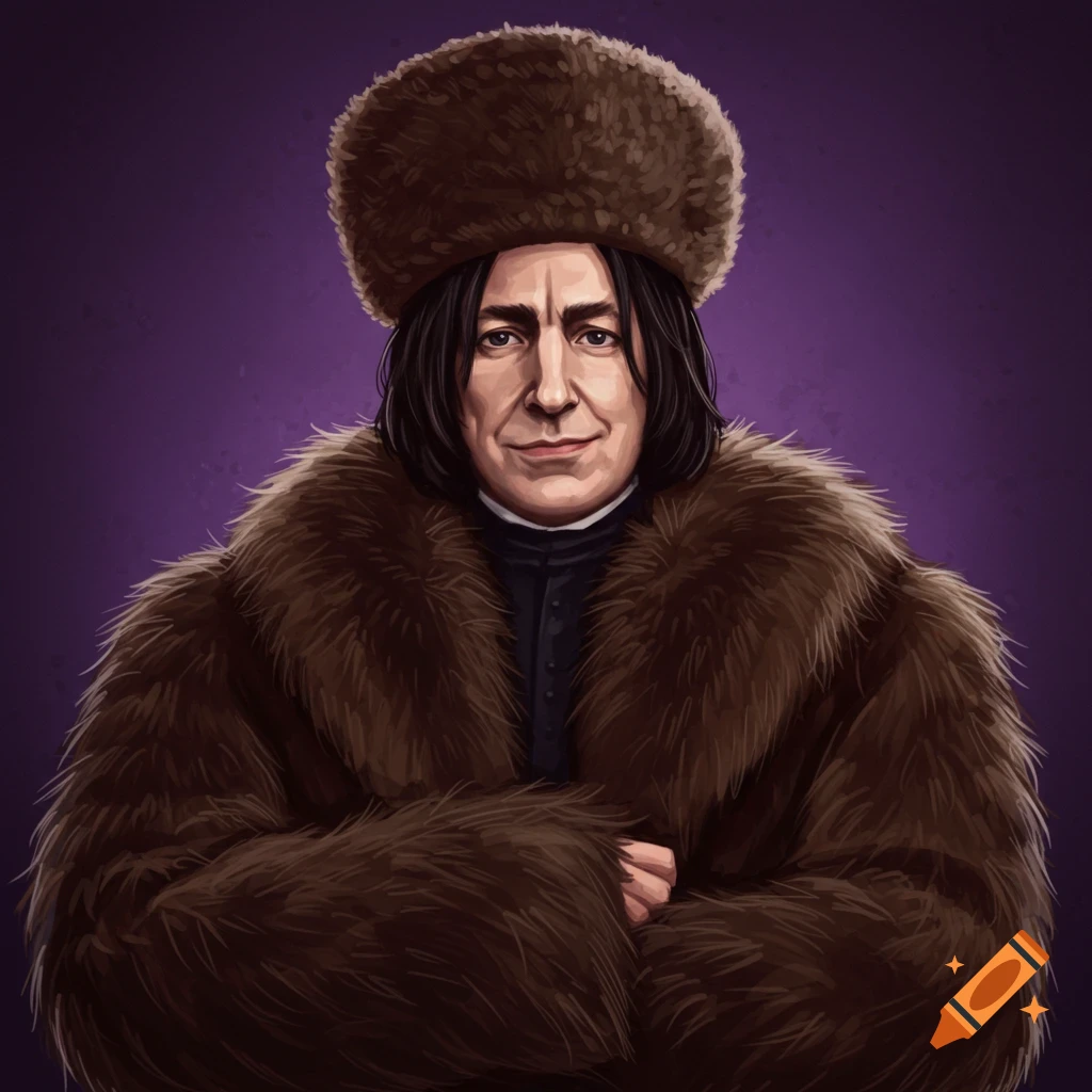 A stylized portrait of Professor Snape wearing a large brown fur hat and coat against a purple background.