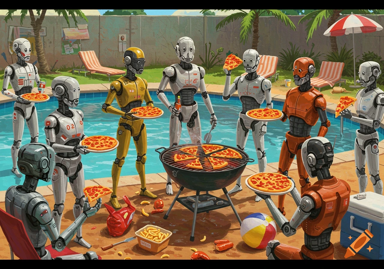 Various robots gather around a BBQ pit at a pool party, holding slices of pizza.