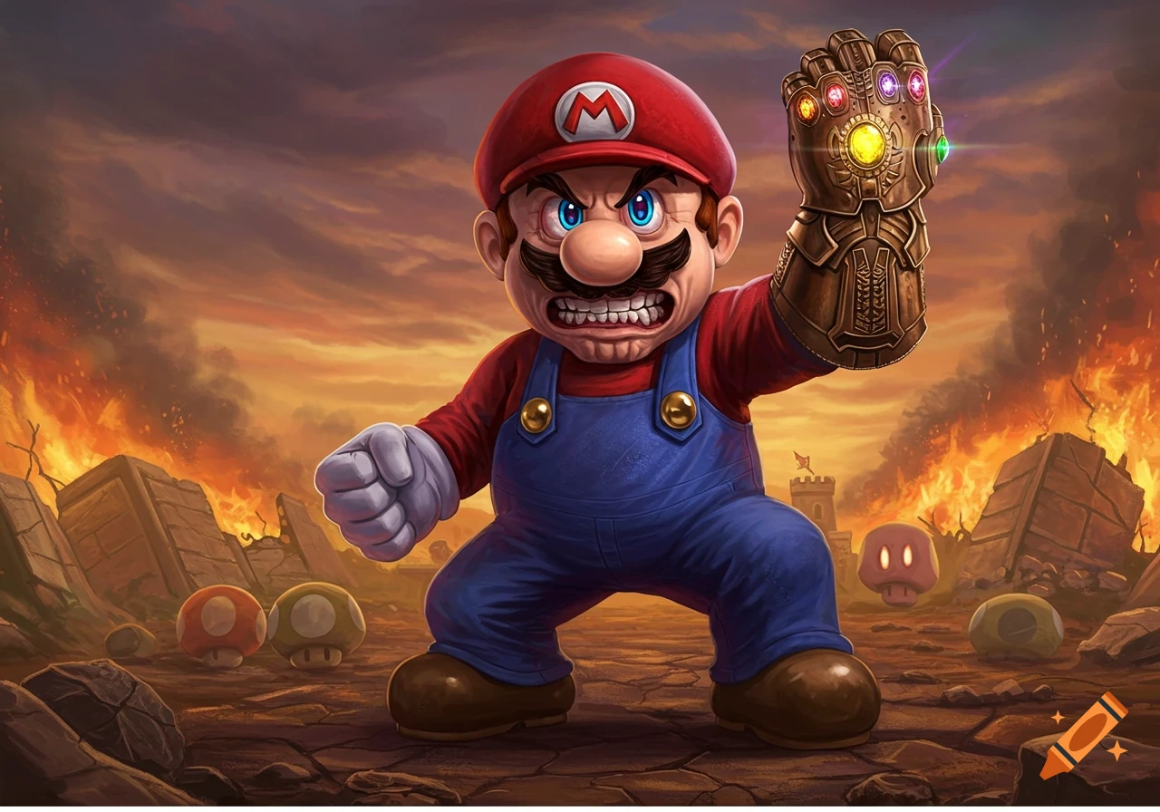 Menacing Mario wearing the Infinity Gauntlet stands in a fiery, ruined landscape.