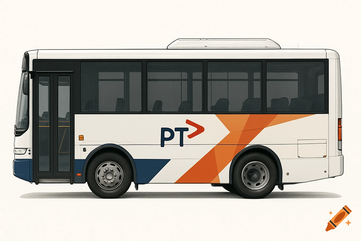 Side view of a white public transport bus with blue and orange livery and 'PT>' logo, digital illustration.