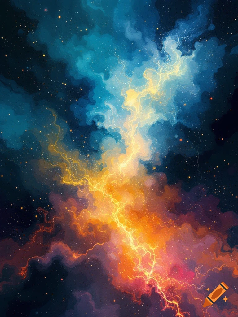 Swirling blue, orange, and yellow cosmic nebula with energy tendrils and stars.