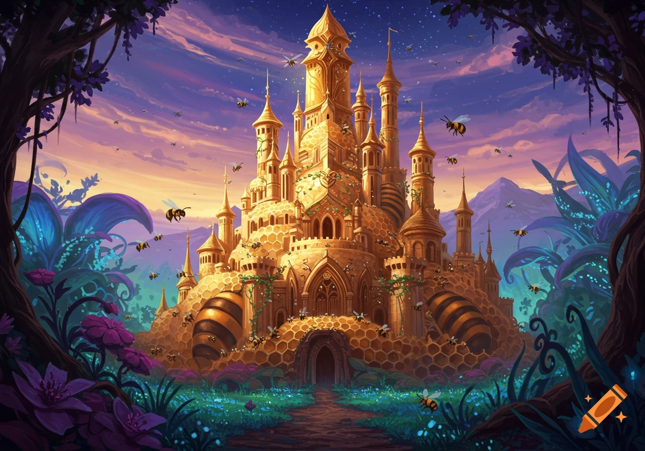 A fantasy castle resembling a honeycomb structure, surrounded by large plants and numerous bees under a colourful sky.