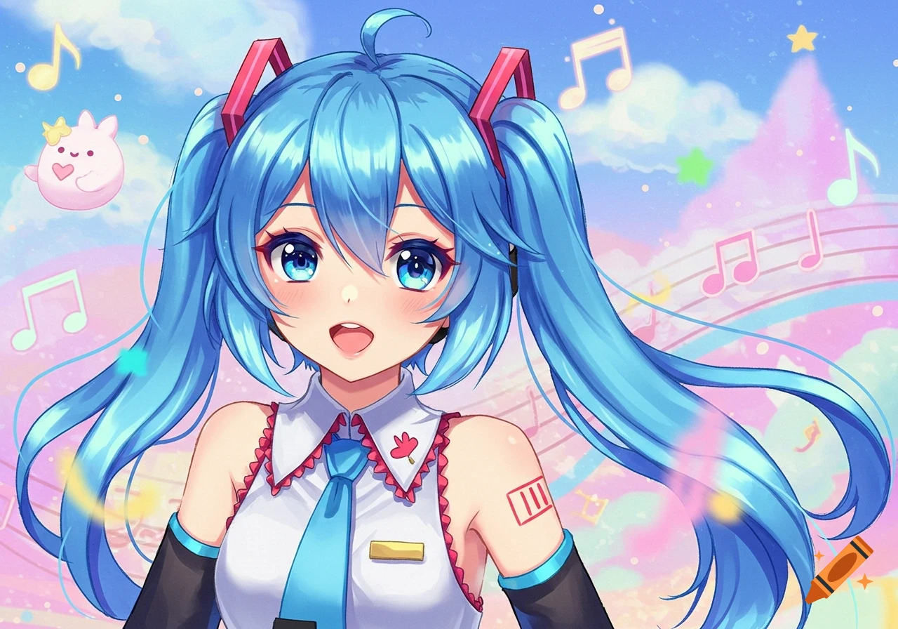 Anime girl with blue twin tails and headset, wearing a tie, against a pastel fantasy background with musical notes.