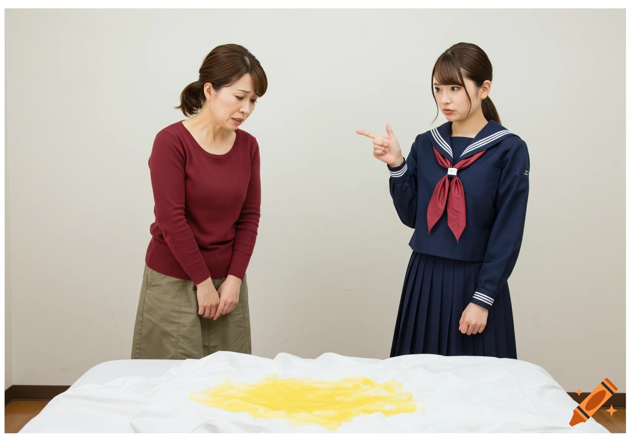 A younger woman points sternly at an older woman who looks ashamed, standing beside a bed with a large yellow stain.