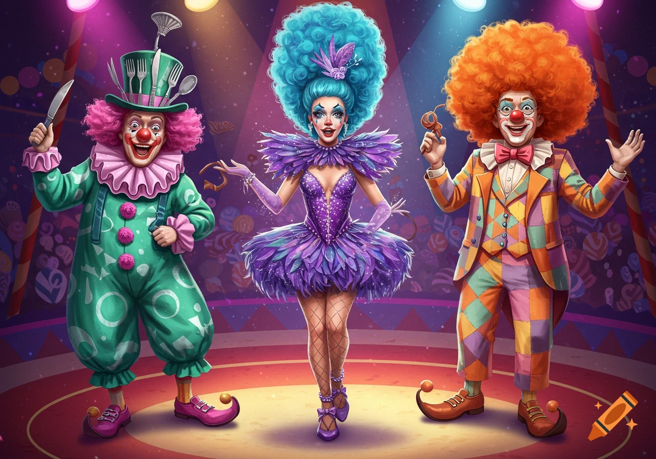 Three flamboyantly dressed clowns on a circus stage. One in green, one in purple feathered dress, and one in orange checkered suit.