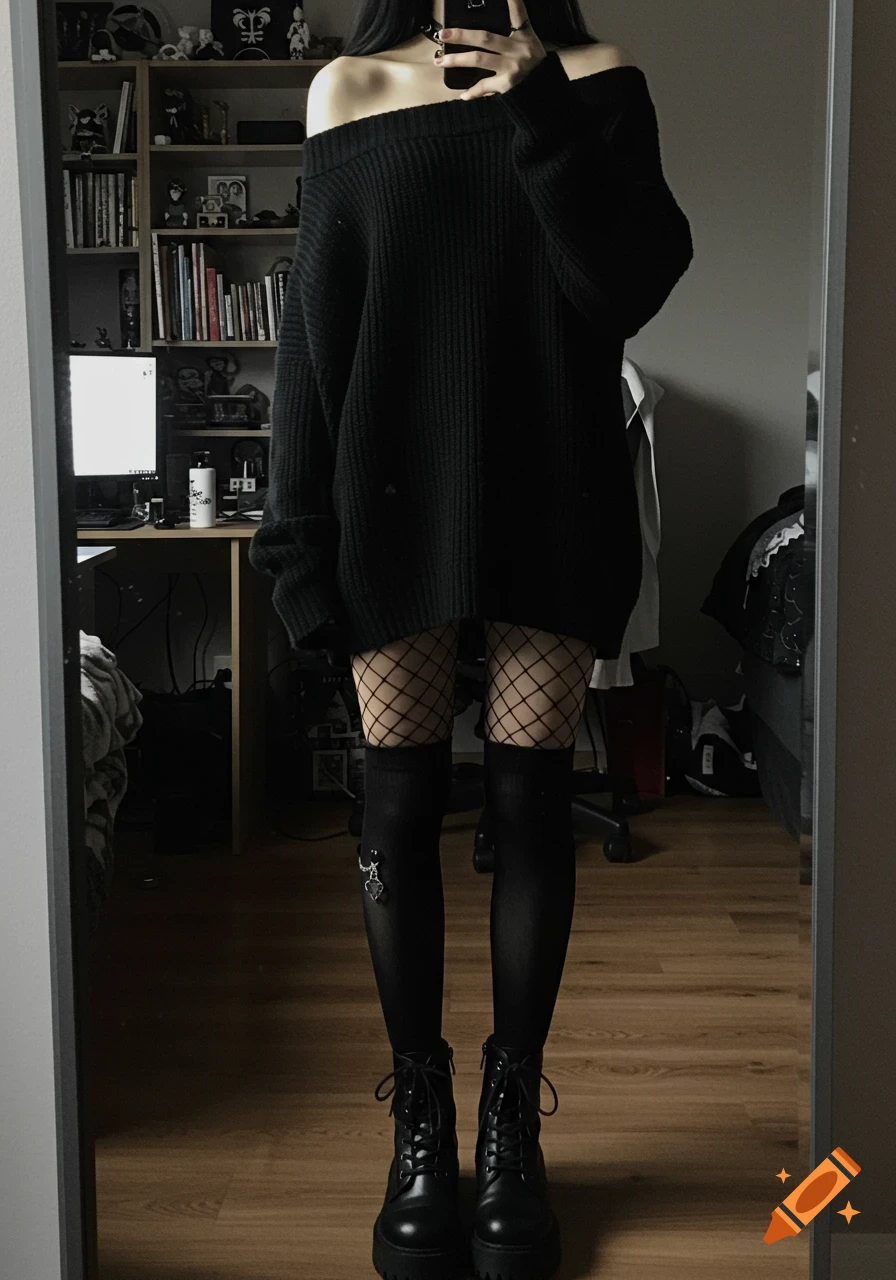 Person in black off-shoulder sweater, fishnet stockings, knee-high socks, and combat boots taking a selfie in a room with bookshelves.