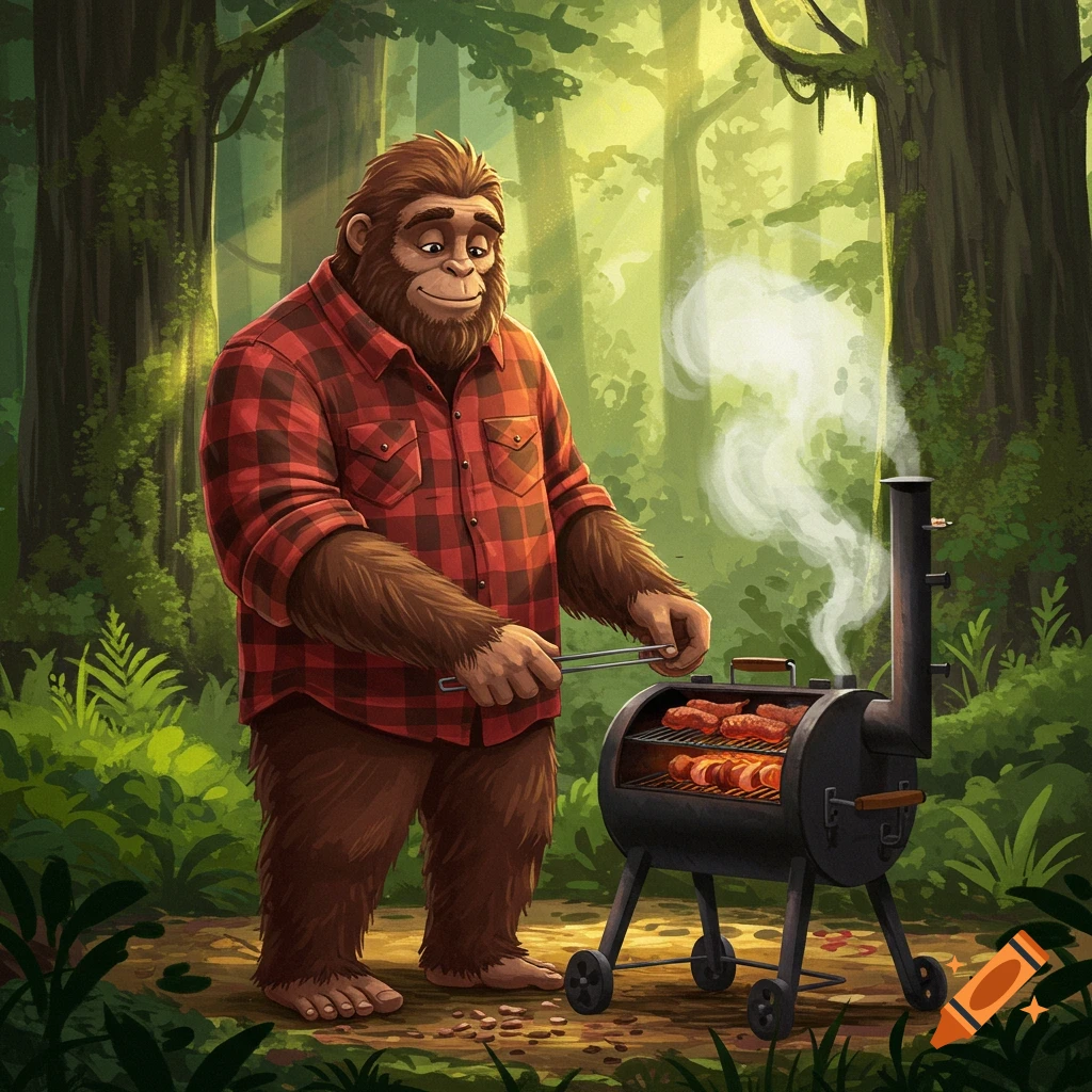 A cartoon sasquatch in a flannel shirt grills sausages in a forest.