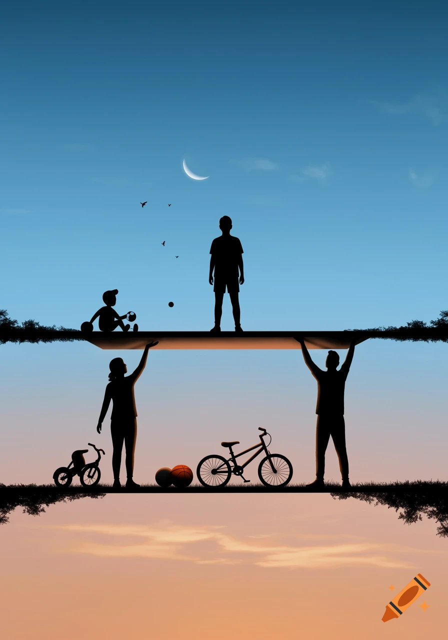 Silhouettes of people and childhood items supporting a platform with a standing figure against a split sky background.