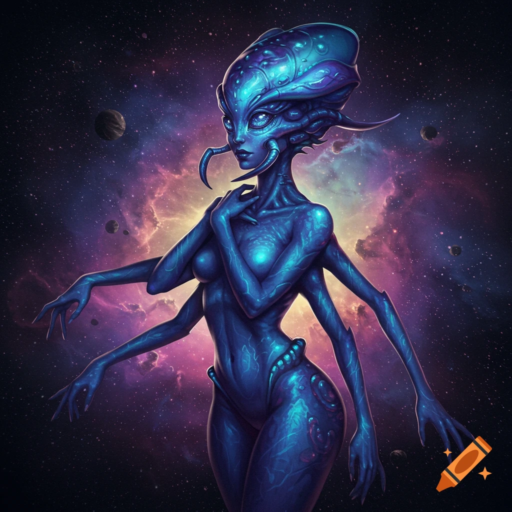 A blue alien creature with multiple arms in space among planets and nebulae.