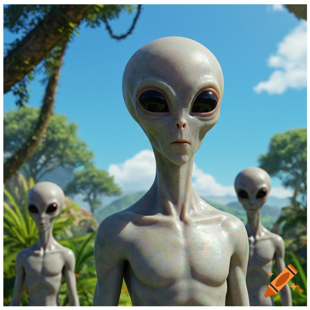 Three grey aliens with large black eyes stand in a sunny, lush outdoor environment.