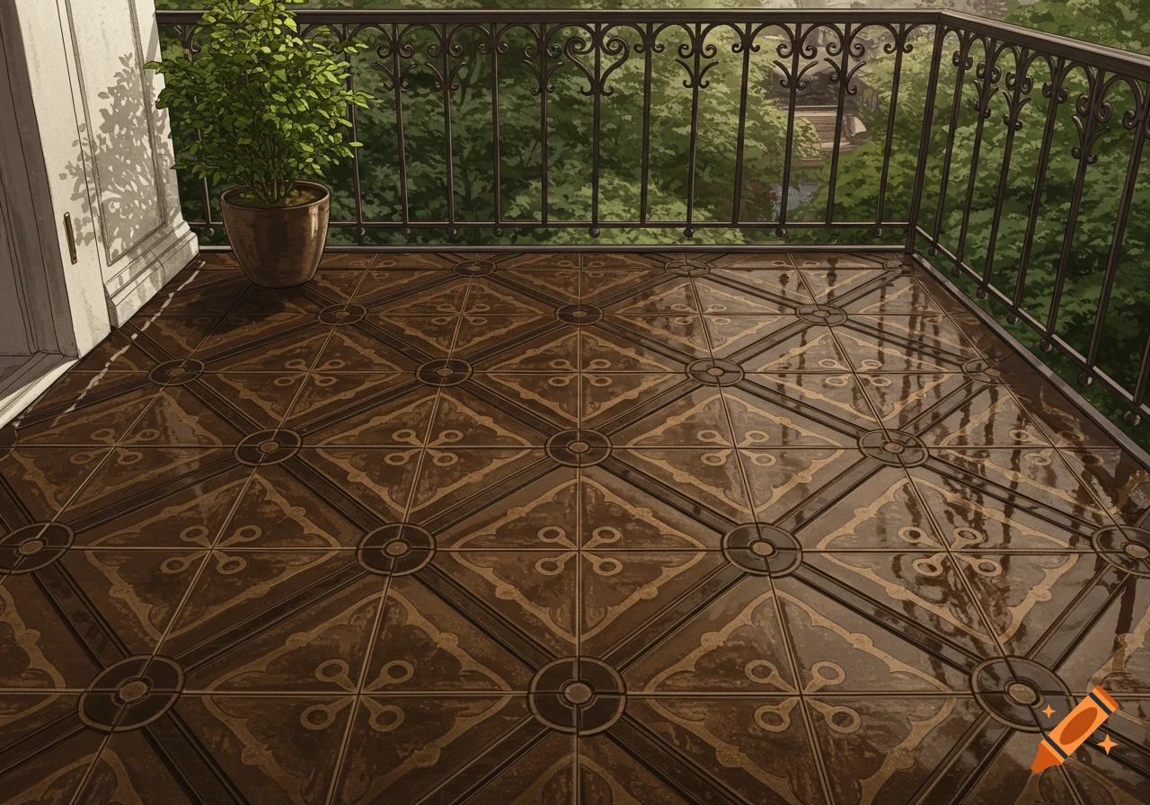 Balcony with ornate patterned tiles, a potted plant, and a view of trees.