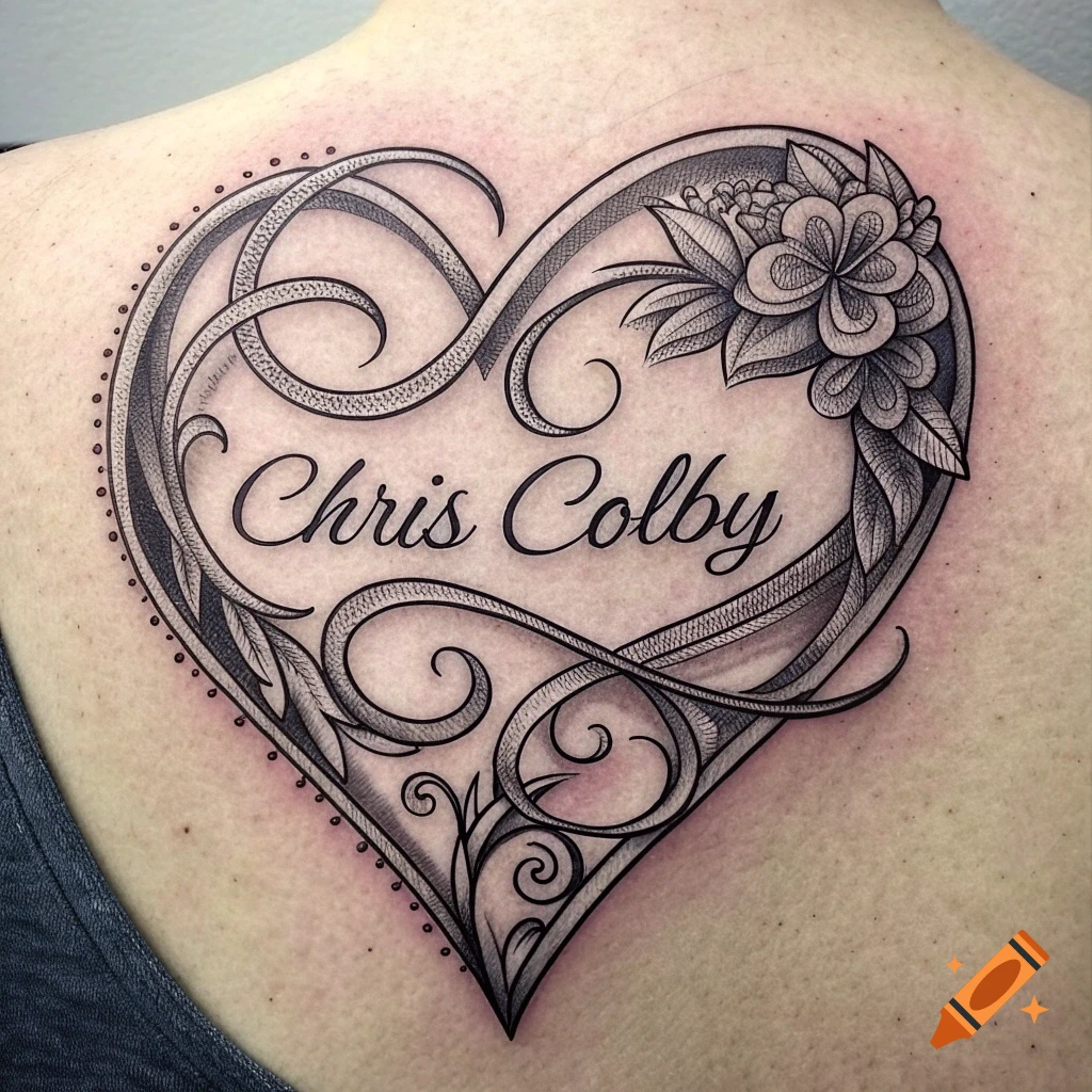 Heart-shaped tattoo with intricate design and 'Chris Colby' on a back