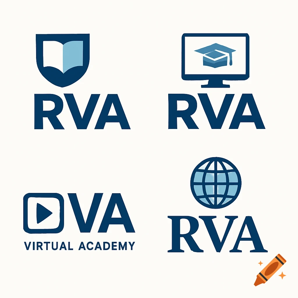 Four blue logos related to virtual education on a white background. Each includes the text RVA or OVA.